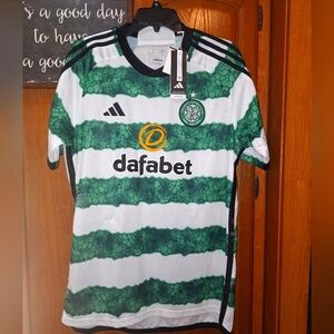 Adidas Official MLS Green and White Striped Celtic Football Club Soccer Jersey.